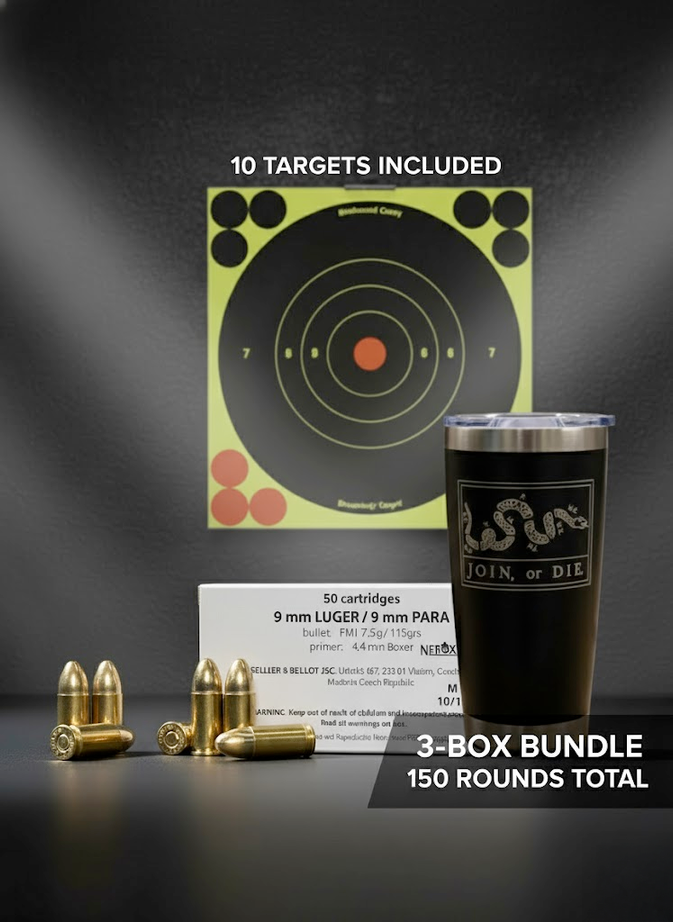 150 Rounds of 9mm + 10 Splatter Targets + "Join Or Die" Tumbler