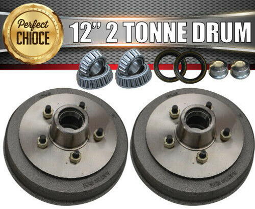2x 12" 2 Tonne 5 Stud Electric Trailer Brake Drums & Bearings 25580 & 15123