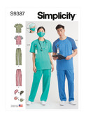 Simplicity S9387 | Unisex Knit Scrub Tops, Pants, Cap and Mask | Front of Envelope