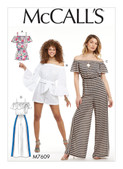 McCall's M7609 (Digital) | Misses' Pull-On Off-the-Shoulder Rompers and Jumpsuits with Elastic Waist and Sash | Front of Envelope