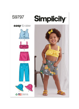 Simplicity S9797 | Toddlers' Tops, Skort, Pants and Hat in Three Sizes | Front of Envelope