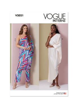 Vogue Patterns V2021 | Misses' One Shoulder Dress and Pants | Front of Envelope