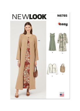 New Look N6785 | New Look Sewing Pattern Misses' Dress and Coat Each In Two Lengths, Jacket and Bag | Front of Envelope
