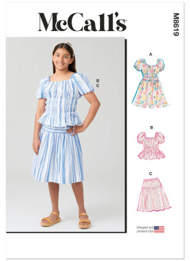 McCall's M8619 | McCall's Sewing Pattern Girls' Ruched Dress, Top and Skirt | Front of Envelope