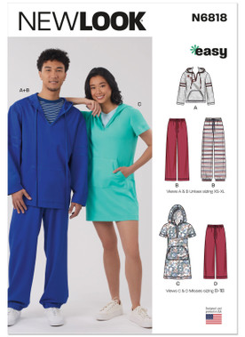 New Look N6818 | New Look Sewing Pattern Unisex Knit Hoodie and Pants and Misses' Knit Dress | Front of Envelope