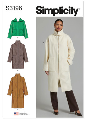 Simplicity S3196 | Simplicity Sewing Pattern Misses' High Collar Coat in Three Lengths | Front of Envelope