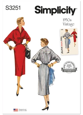 Simplicity S3251 | Simplicity Sewing Pattern 1950s Misses' Dolman Sleeve Dress | Front of Envelope