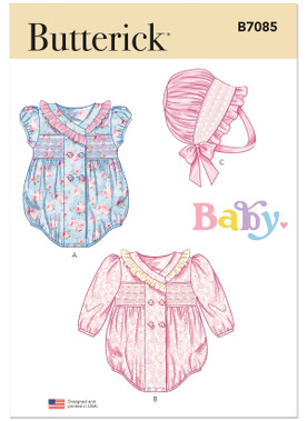 Butterick B7085 | Butterick Sewing Pattern Babies' Romper with Sleeve Variations and Bonnet in sizes S-M-L | Front of Envelope