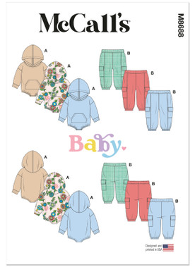 McCall's M8688 | McCall's Sewing Pattern Babies' Hooded Romper and Pants | Front of Envelope
