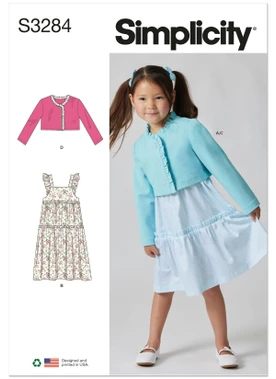 Simplicity S3284 | Simplicity Sewing Pattern Children's Knit Ruffle Cardigan & Tiered Dress Set | Front of Envelope