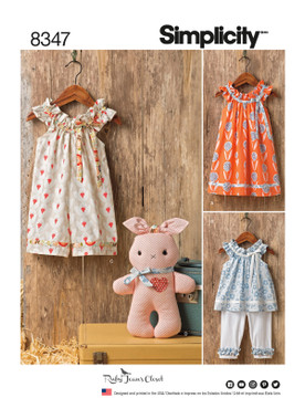 Simplicity S8347 | Toddlers' Dress, Top, Knit Capris, and Stuffed Bunny | Front of Envelope