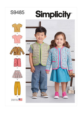 Simplicity S9485 | Toddlers' Knit Top, Jacket, Vest, Skirt and Pants | Front of Envelope