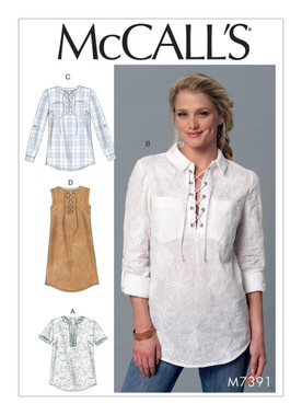 McCall's M7391 (Digital) | Misses' Laced-Up or Split-Neck Tops and Dress | Front of Envelope
