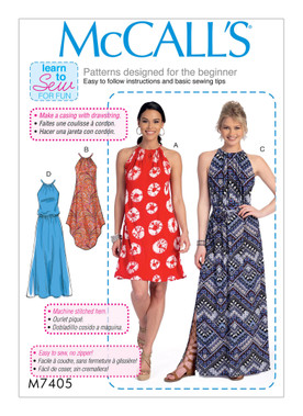 McCall's M7405 | Misses' Gathered-Neckline Dresses with Ties, and Belt | Front of Envelope