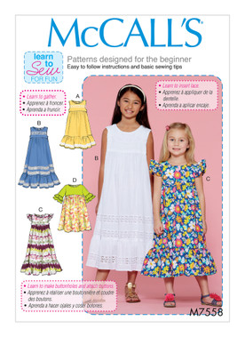 McCall's M7558 (Digital) | Children's/Girls' Sleeveless and Ruffle Sleeve Empire-Waist Dresses | Front of Envelope