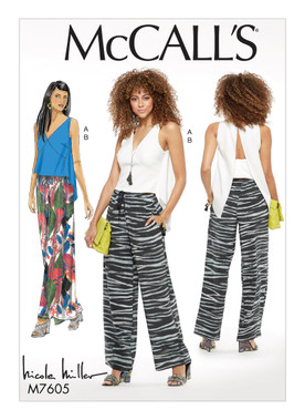 McCall's M7605 (Digital) | Misses' V-Neck Top with Back Extension and Pull-On Pants with Drawstring | Front of Envelope