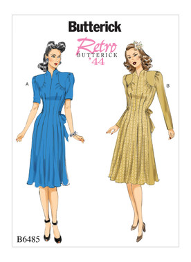 Butterick B6485 (Digital) | Misses' Dresses with Shoulder and Bust Detail, Waist Tie, and Sleeve Variations | Front of Envelope