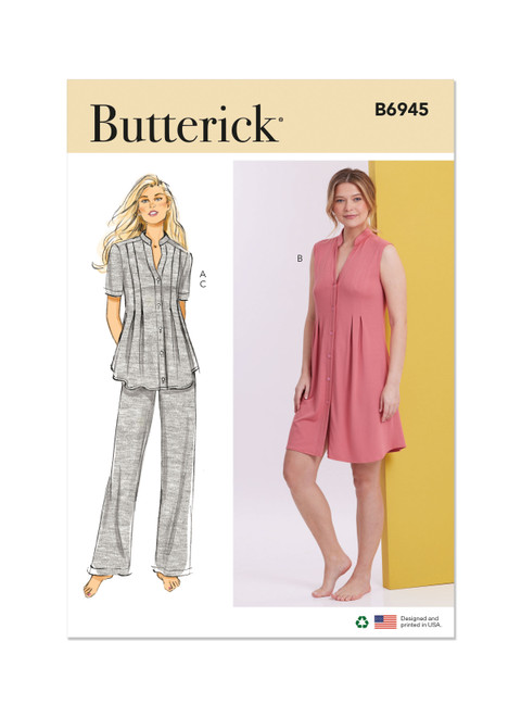 Butterick B6945 (PDF) | Misses' Knit Lounge Top, Dress and Pants | Front of Envelope
