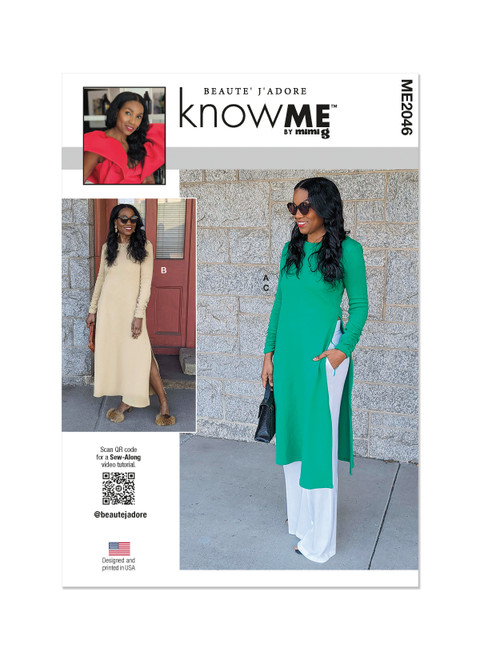 Know Me ME2046 | Misses' Knit Dress In Two Lengths and Woven Pants | Front of Envelope