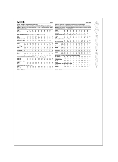 McCall's M8403 (PDF) | Misses' Dress With Sleeve and Length Variations | Back of Envelope