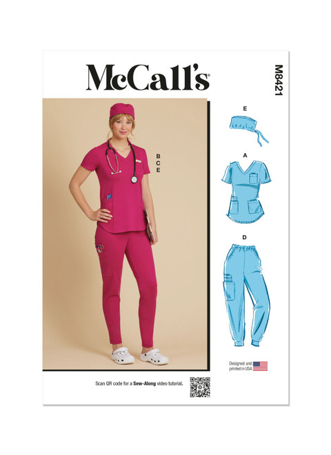 McCall's M8421 (PDF) | Misses' Knit Scrub Tops, Pants, Jogger and Cap | Front of Envelope