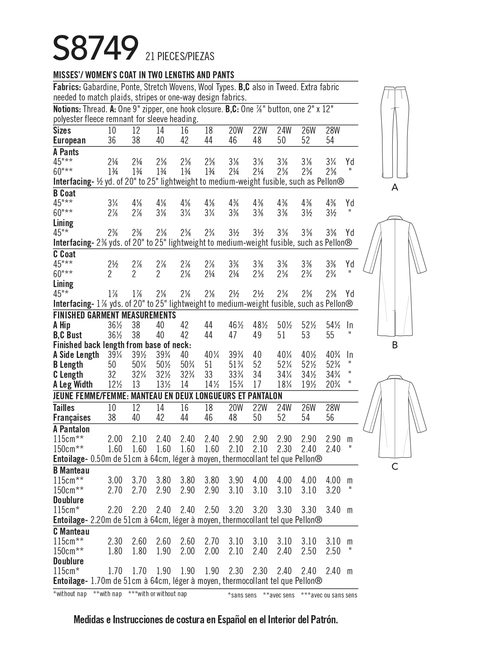 Simplicity S8749 (PDF) | Misses'/Women's Mimi G Style Coat and Pants | Back of Envelope