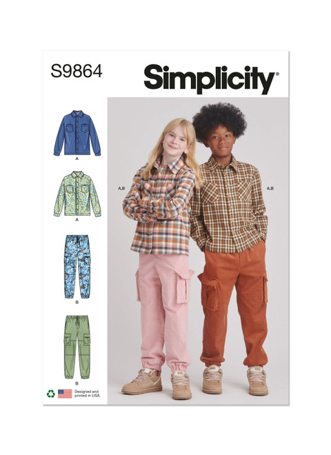 Simplicity S9864 | Girls' and Boys' Shirt and Cargo Pants | Front of Envelope