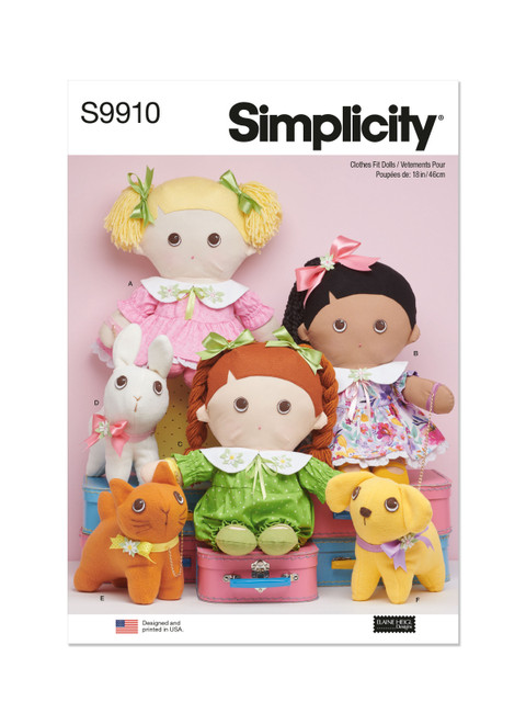 Simplicity S9910 | Plush dolls with clothes and plush pets By Elaine Heigl Designs | Front of Envelope
