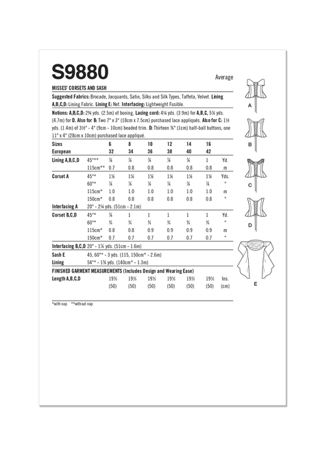 Simplicity S9880 | Misses' Corsets and Sash | Back of Envelope