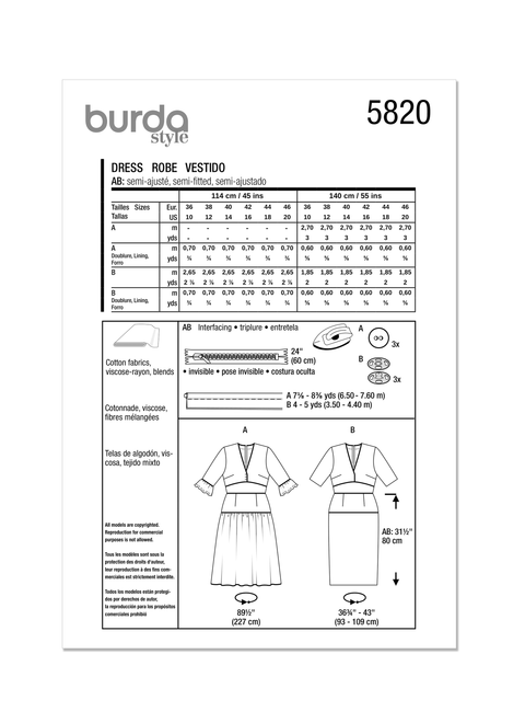 Burda Style BUR5820 | Burda Style Pattern 5820 Misses' Dress | Back of Envelope
