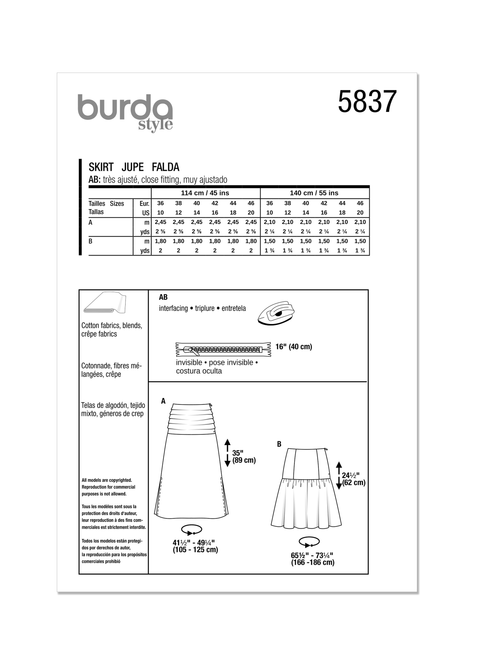Burda Style BUR5837 | Burda Style Pattern 5837 Misses' Skirt | Back of Envelope