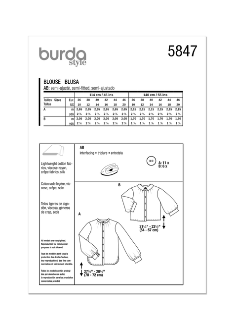 Burda Style BUR5847 | Burda Style Pattern 5847 Misses' Blouse | Back of Envelope