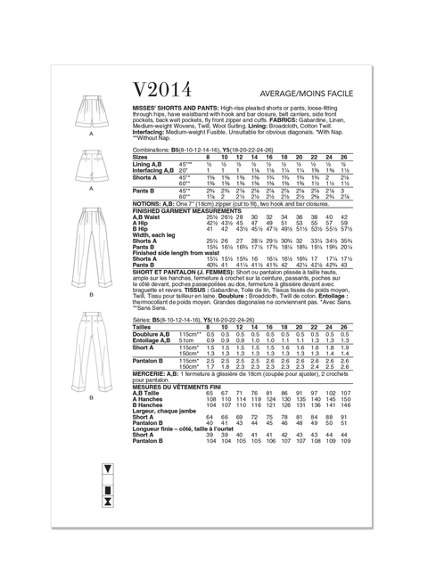 Vogue Patterns V2014 | Misses' Shorts and Pants | Back of Envelope