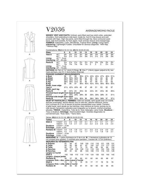 Vogue Patterns V2036 | Vogue Patterns Misses' Vest and Pants | Back of Envelope