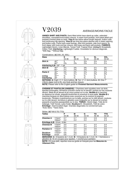 Vogue Patterns V2039 | Vogue Patterns Unisex Shirt and Pants | Back of Envelope