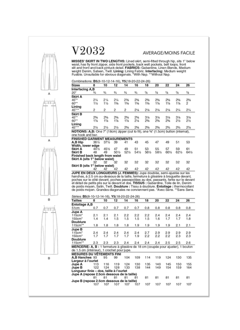 Vogue Patterns V2032 | Vogue Patterns Misses' Skirt in Two Lengths | Back of Envelope