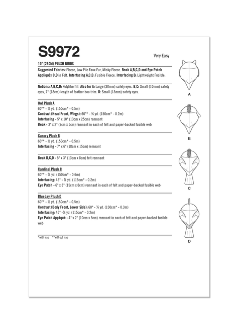 Simplicity S9972 | Simplicity Sewing Pattern Plush Birds | Back of Envelope