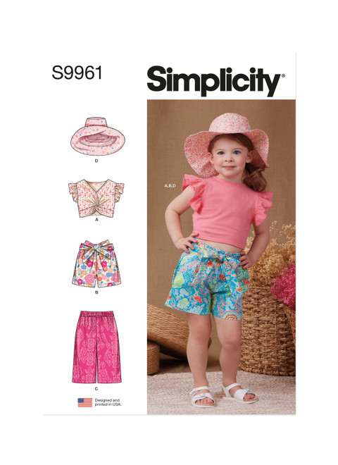 Simplicity S9961 | Simplicity Sewing Pattern Toddlers' Shorts, Pants, Hat and Knit Top Worn Front or Back | Front of Envelope