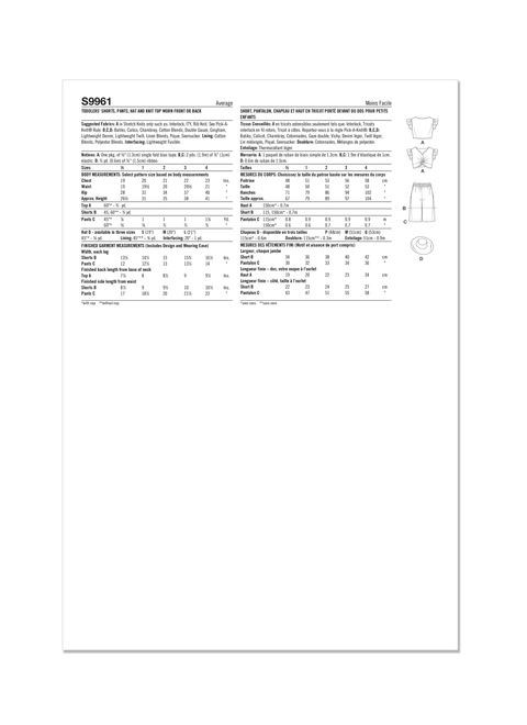 Simplicity S9961 | Simplicity Sewing Pattern Toddlers' Shorts, Pants, Hat and Knit Top Worn Front or Back | Back of Envelope