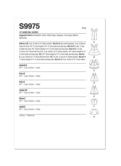 Simplicity S9975 | Simplicity Sewing Pattern 18" Doll Clothes by Elaine Heigl Designs | Back of Envelope