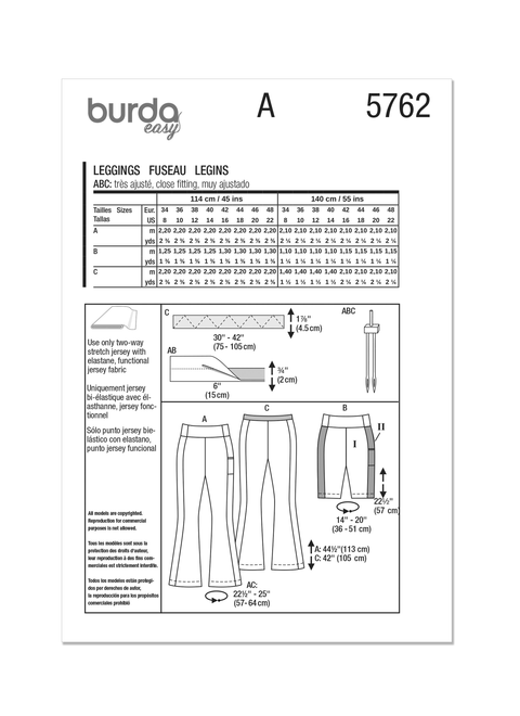 Burda Style BUR5762 | Burda Style Sewing Pattern 5762 Misses' Leggings | Back of Envelope