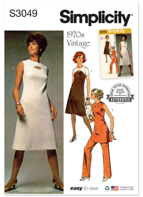 Simplicity S3049 | Simplicity Sewing Pattern 1970s Misses' Dress, Tunic and Pants | Front of Envelope