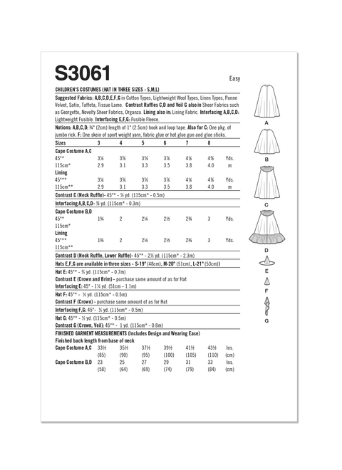 Simplicity S3061 | Simplicity Sewing Pattern Children's Costumes | Back of Envelope