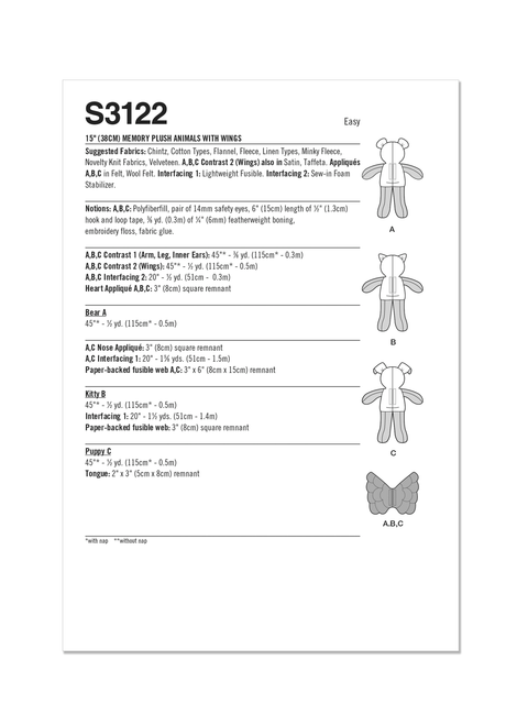Simplicity S3122 | Simplicity Sewing Pattern Memory Plush Animals with Wings | Back of Envelope