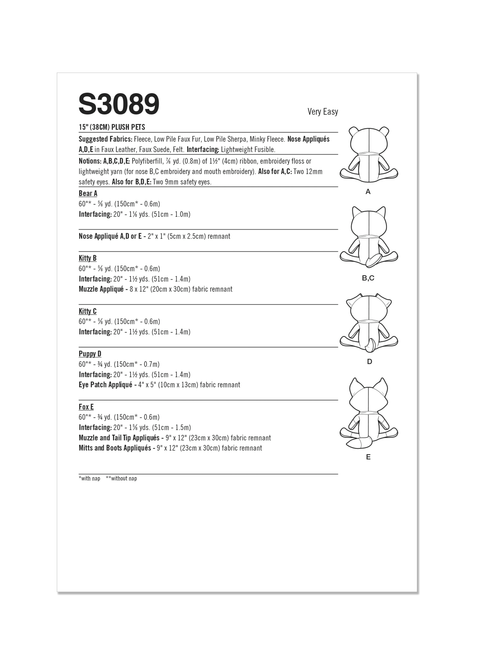 Simplicity S3089 | Simplicity Sewing Pattern Plush Pets by Elaine Heigl Designs | Back of Envelope