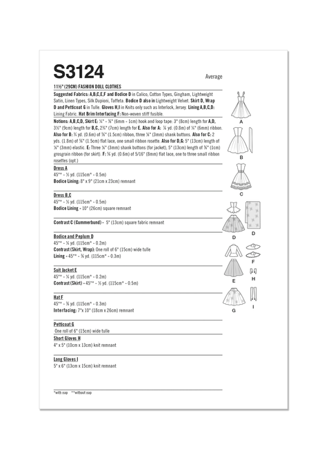 Simplicity S3124 | Simplicity Sewing Pattern 11-1/2" Fashion Doll Clothes by Andrea Schewe | Back of Envelope
