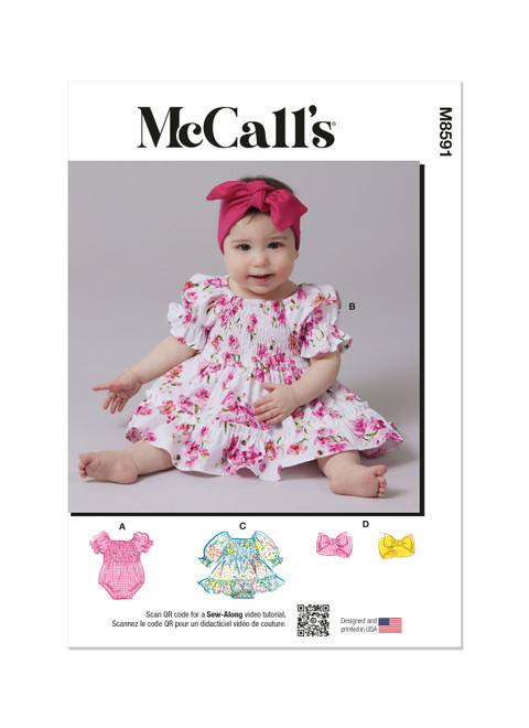 McCall's M8591 | McCall's Sewing Pattern Babies' Romper, Dresses and Headband | Front of Envelope