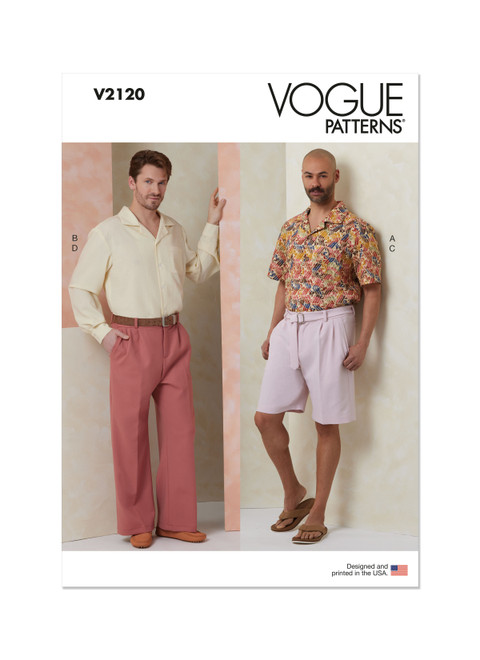 Vogue Patterns V2120 | Vogue Patterns Men's Shirt with Sleeve Variations, Shorts, Pants and Belt | Front of Envelope
