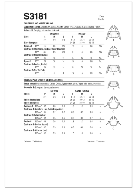 Simplicity S3181 | Simplicity Sewing Pattern Children's and Misses' Aprons | Back of Envelope