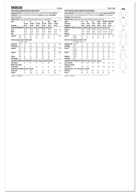 McCall's M8638 | McCall's Sewing Pattern Men's Double Breasted Jacket in Two Lengths | Back of Envelope